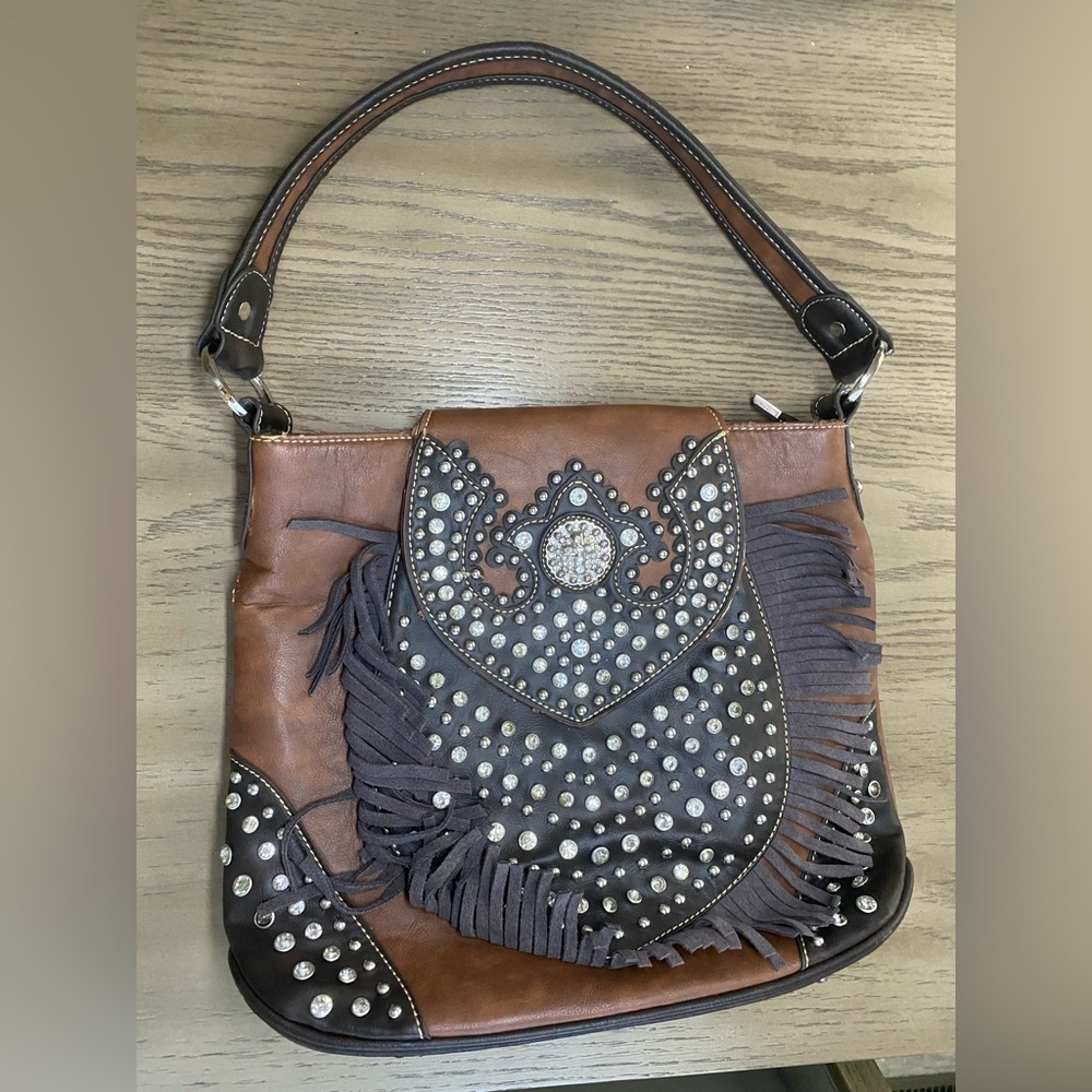 Trinity Ranch Concealed Carry Leather Purse Fringe Shoulder Bag Rhinestone Studs